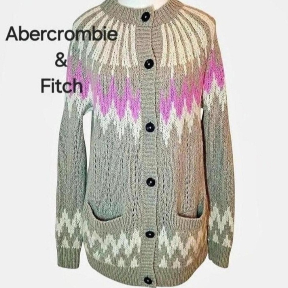 Abercrombie & Fitch Beige Pink Fair Isle Cozy Cardigan Sweater